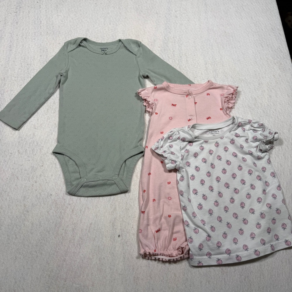Carters Child of Mine Baby Girl 18M Lot 3 Romper Bodysuit Tee Pink Green Fruit